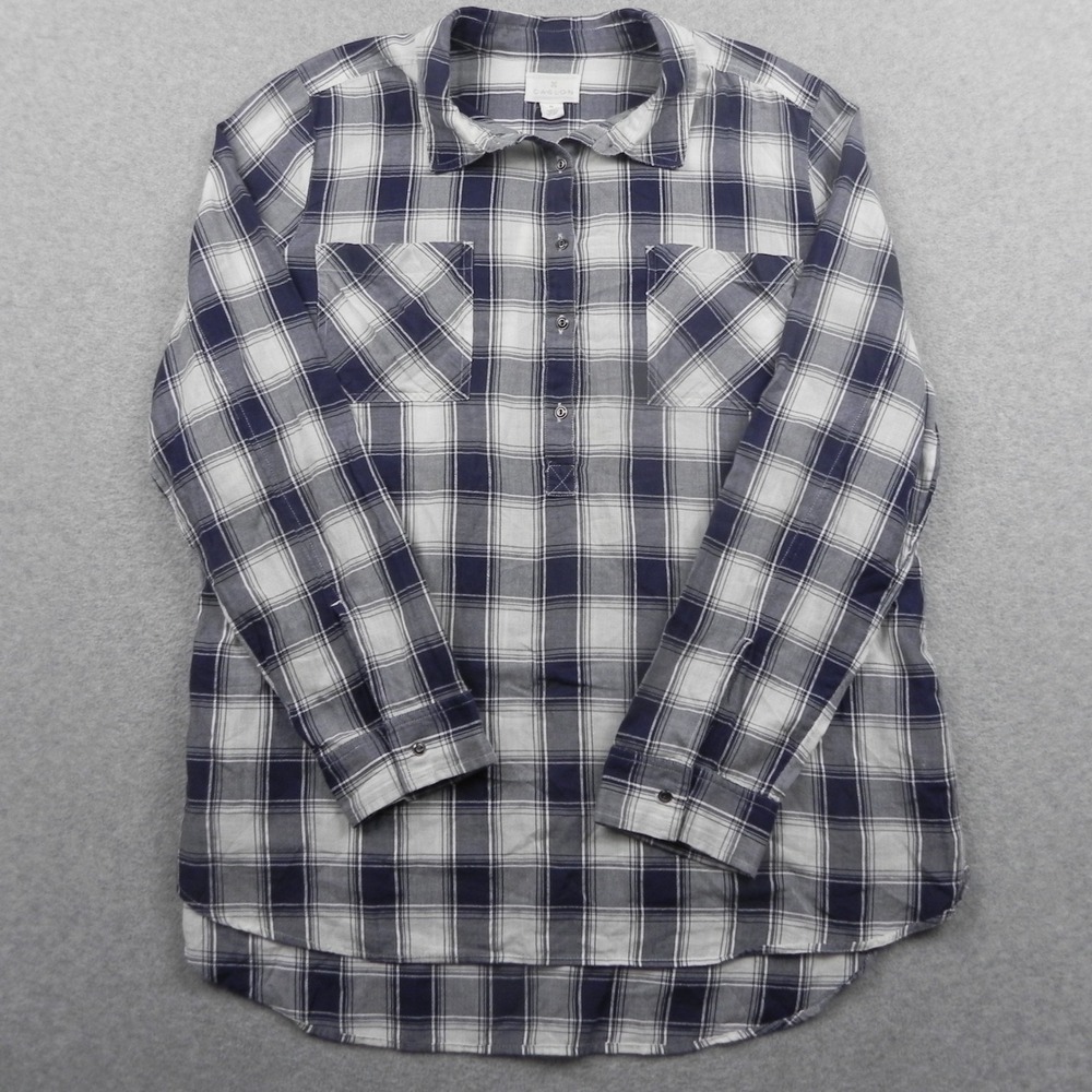 Caslon Plaid Shirt Womens XL Navy Blue White Cotton Button Down Tunic Top Pocket